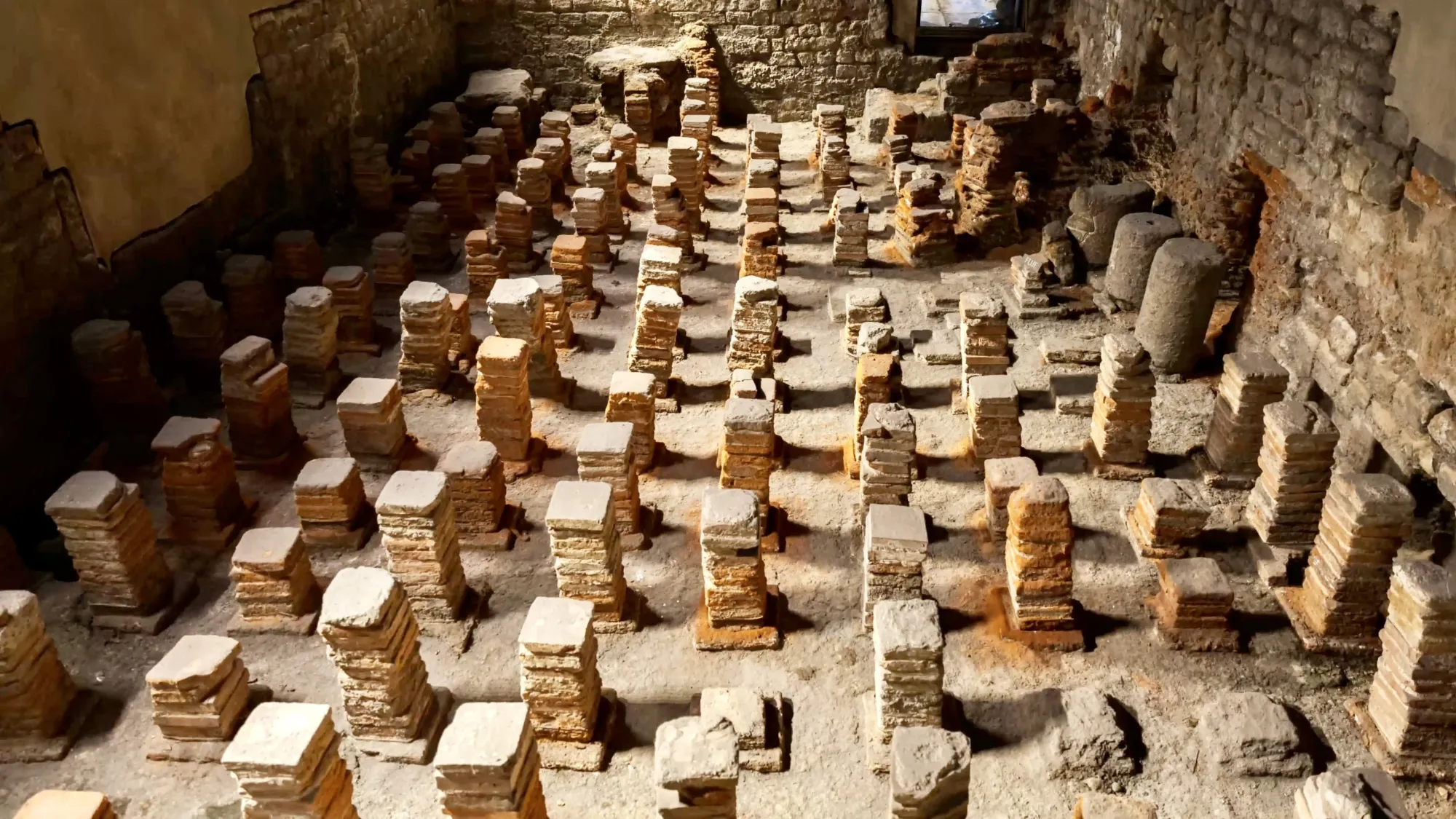 The remains of the ancient Roman hypocaust underfloor heating system at the Roman Baths in Bath, England.