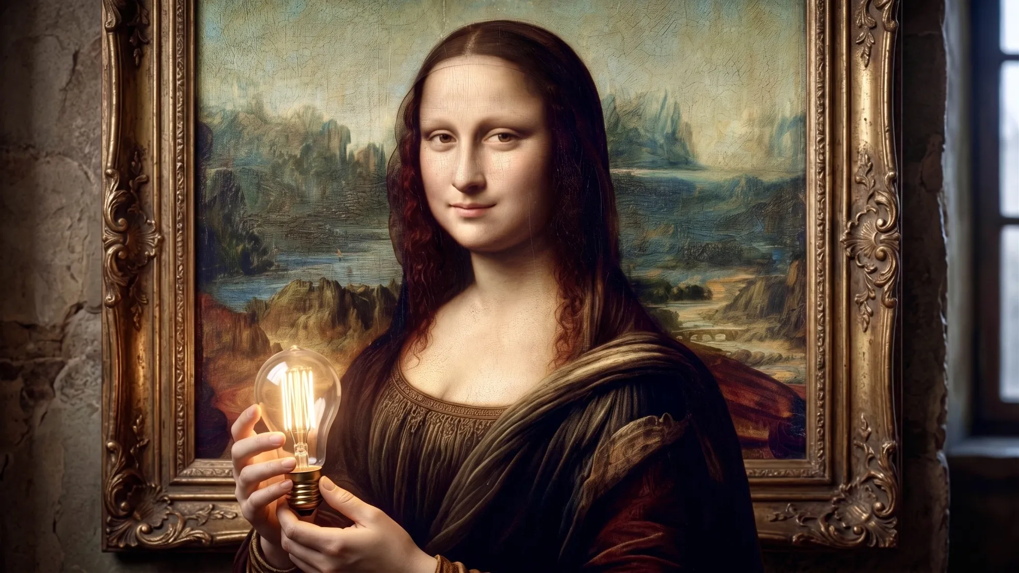 A landscape reimagining of Leonardo da Vinci's Mona Lisa. In this version she is seen standing in front of the frame and holding a lightbulb