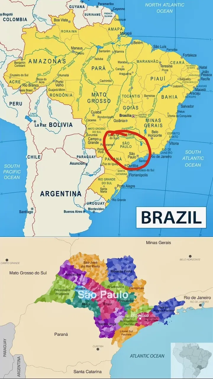Two maps which feature São Paulo. The upper two thirds of the image has a map of Brazil, with São Paulo state circled in red. The lower third of the image features a closer look at São Paulo state and denotes the position of the city of São Paulo within the state.