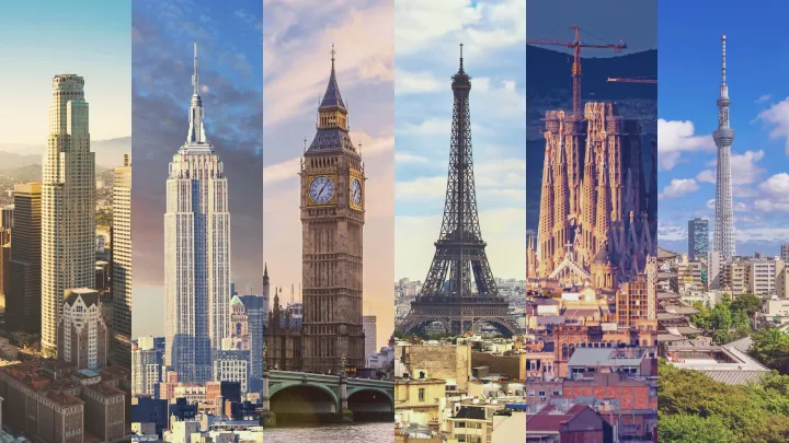 From left to right: Los Angeles' U.S. Bank Tower, New York City's Empire State Building, London's Big Ben, Paris' Eiffel Tower, Barcelona's Sagrada Família and finally Tokyo's Skytree.