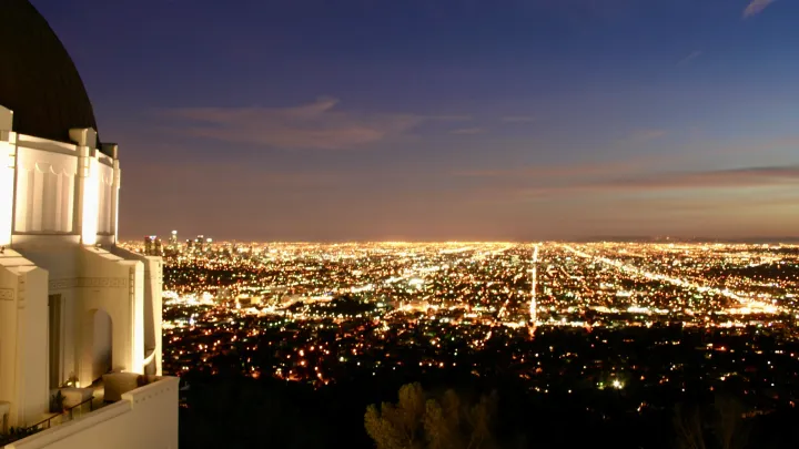 View of Los Angeles at night, from the perspective of Griffith Observatory on Mount Hollywood.